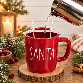 Handmade candles in red, green, and white Christmas mugs